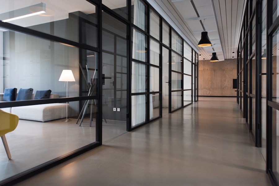 Modern office interior with large windows